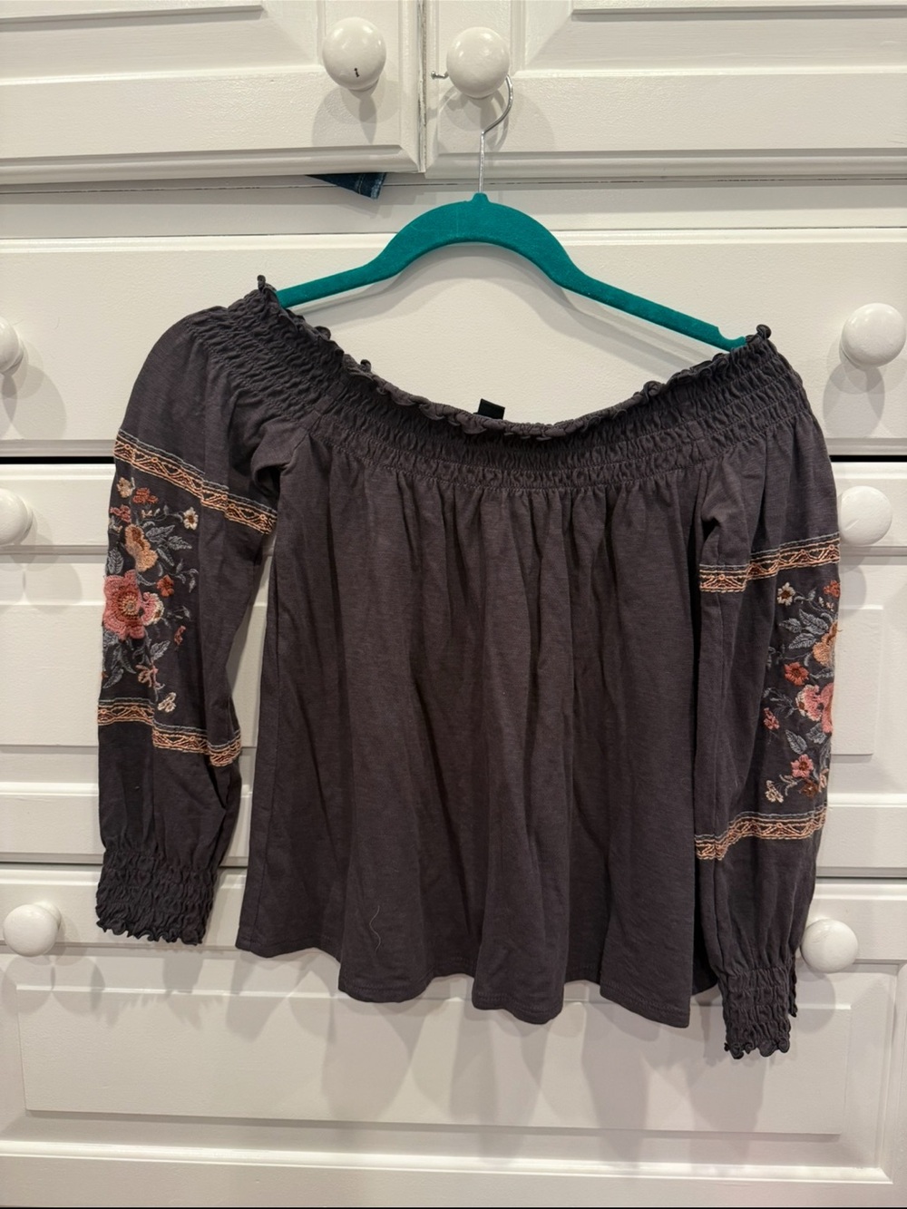 Off-Shoulder Embroidered Peasant Top - Charcoal with Floral Sleeves
